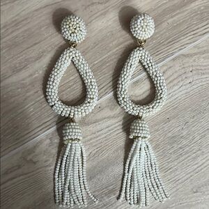 Elegant White Beaded Tassel Earrings